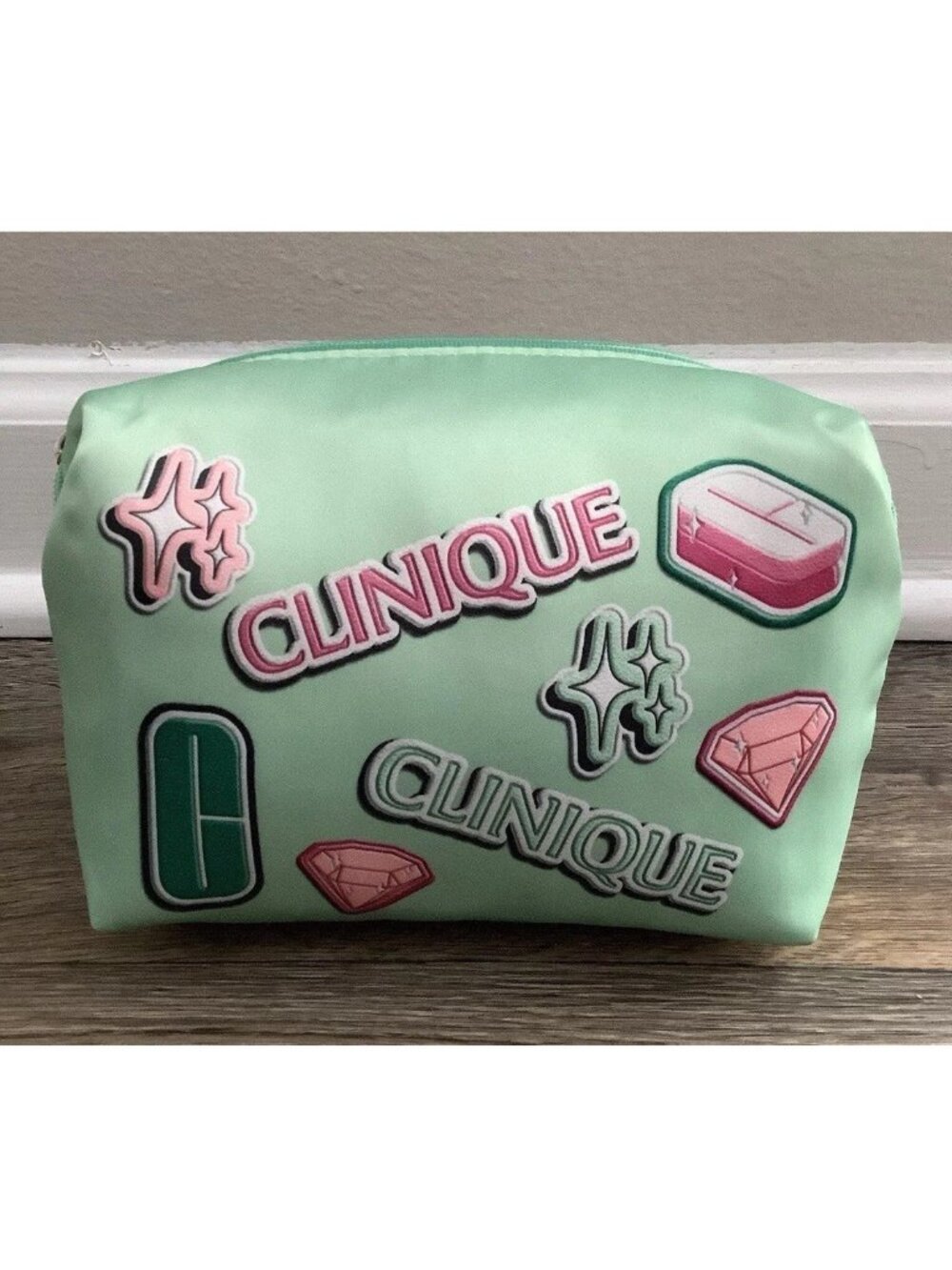 Clinique Cosmetic Zip Makeup Bag Green Graphic NEW Travel Organizer Pencil Case